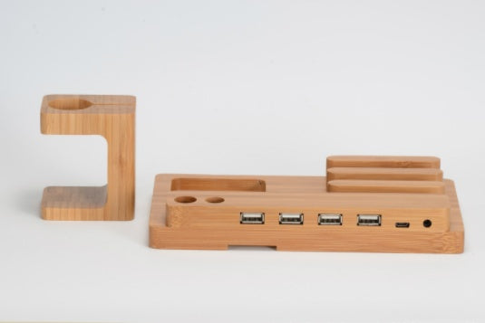 Natural Bamboo Wood Desktop Stand | Multi-Function Charging Base for Phone & Watch
