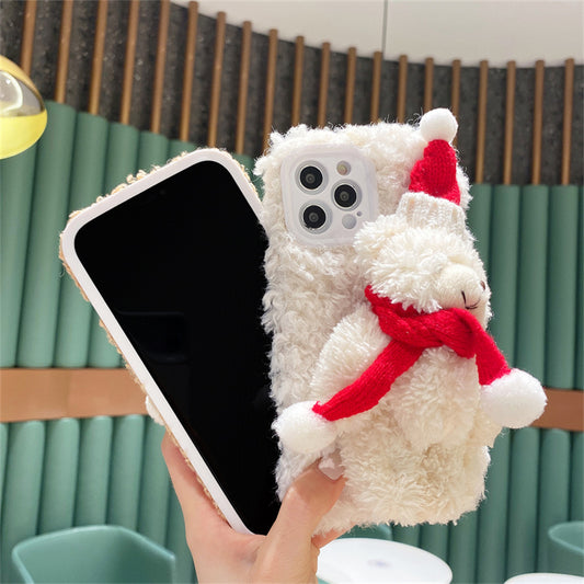 Cute Christmas Bear Plush Phone Case | Soft Fuzzy Winter Protective Cover