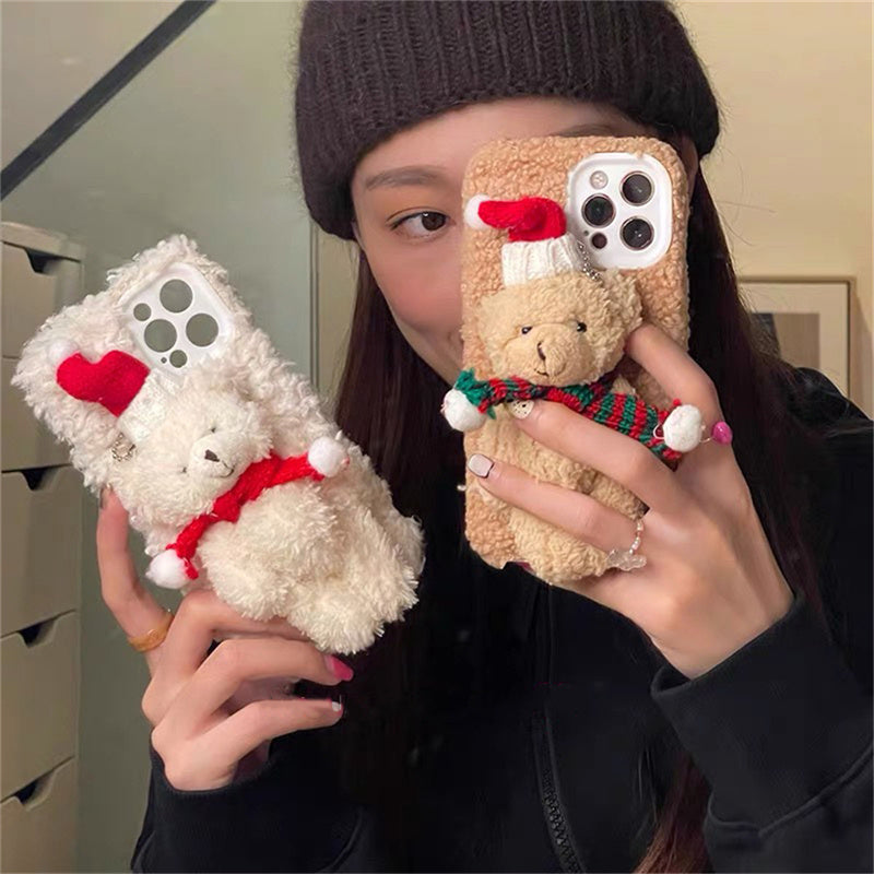 Cute Christmas Bear Plush Phone Case | Soft Fuzzy Winter Protective Cover