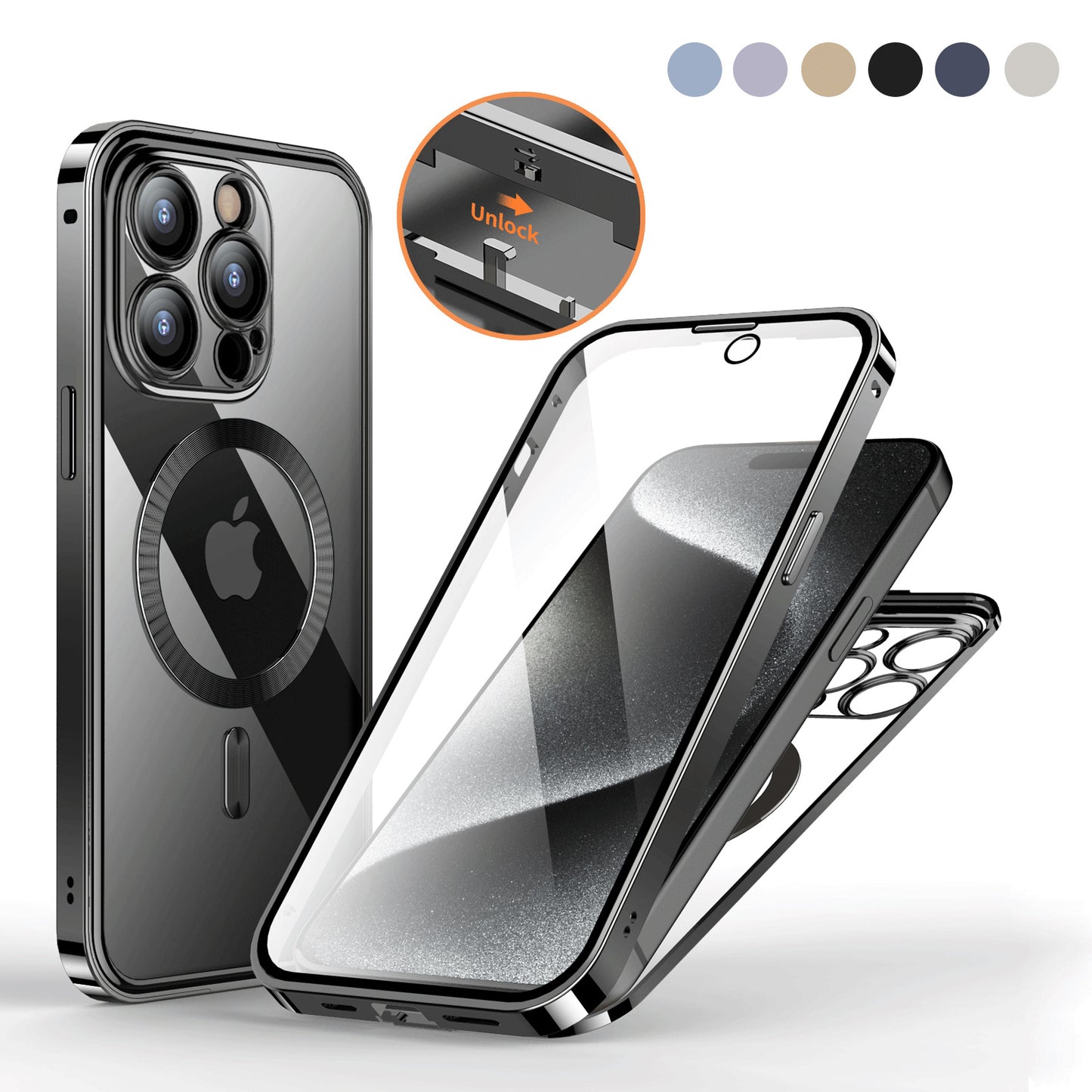 Metal Buckle Magnetic Phone Case with Anti-Spy Screen | Lens Full Cover & Wireless Charging