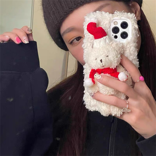 Cute Christmas Bear Plush Phone Case | Soft Fuzzy Winter Protective Cover
