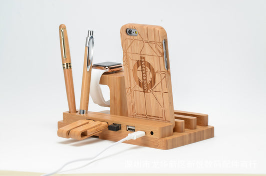 Natural Bamboo Wood Desktop Stand | Multi-Function Charging Base for Phone & Watch