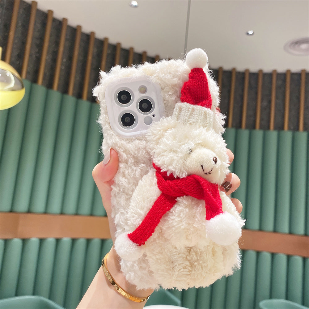 Cute Christmas Bear Plush Phone Case | Soft Fuzzy Winter Protective Cover