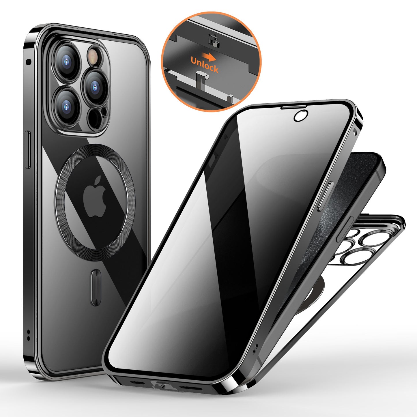 Metal Buckle Magnetic Phone Case with Anti-Spy Screen | Lens Full Cover & Wireless Charging