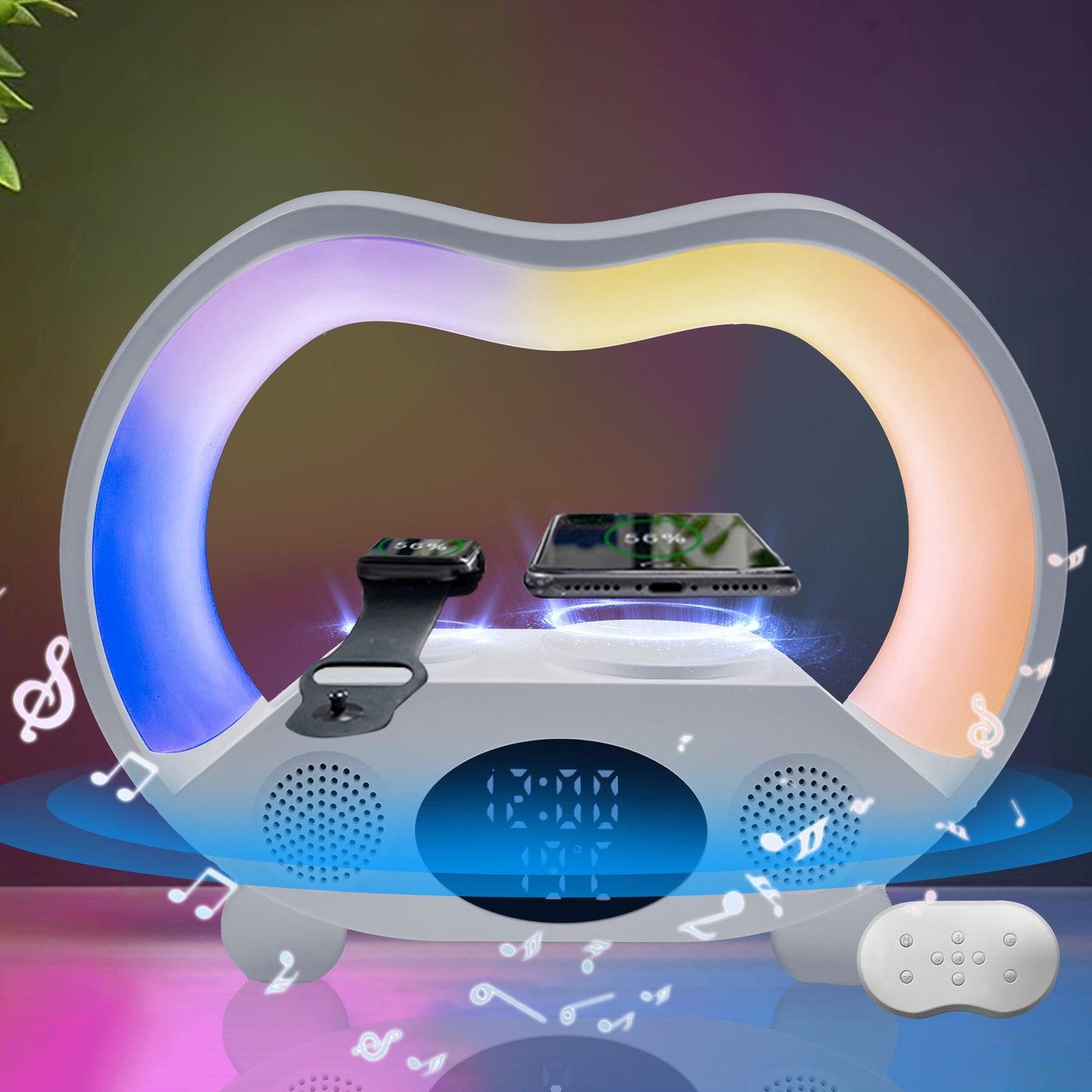 Intelligent 6-in-1 Ambient LED Lamp | Bluetooth Speaker, Wireless Charger & Remote Night Light