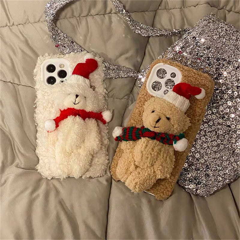 Cute Christmas Bear Plush Phone Case | Soft Fuzzy Winter Protective Cover