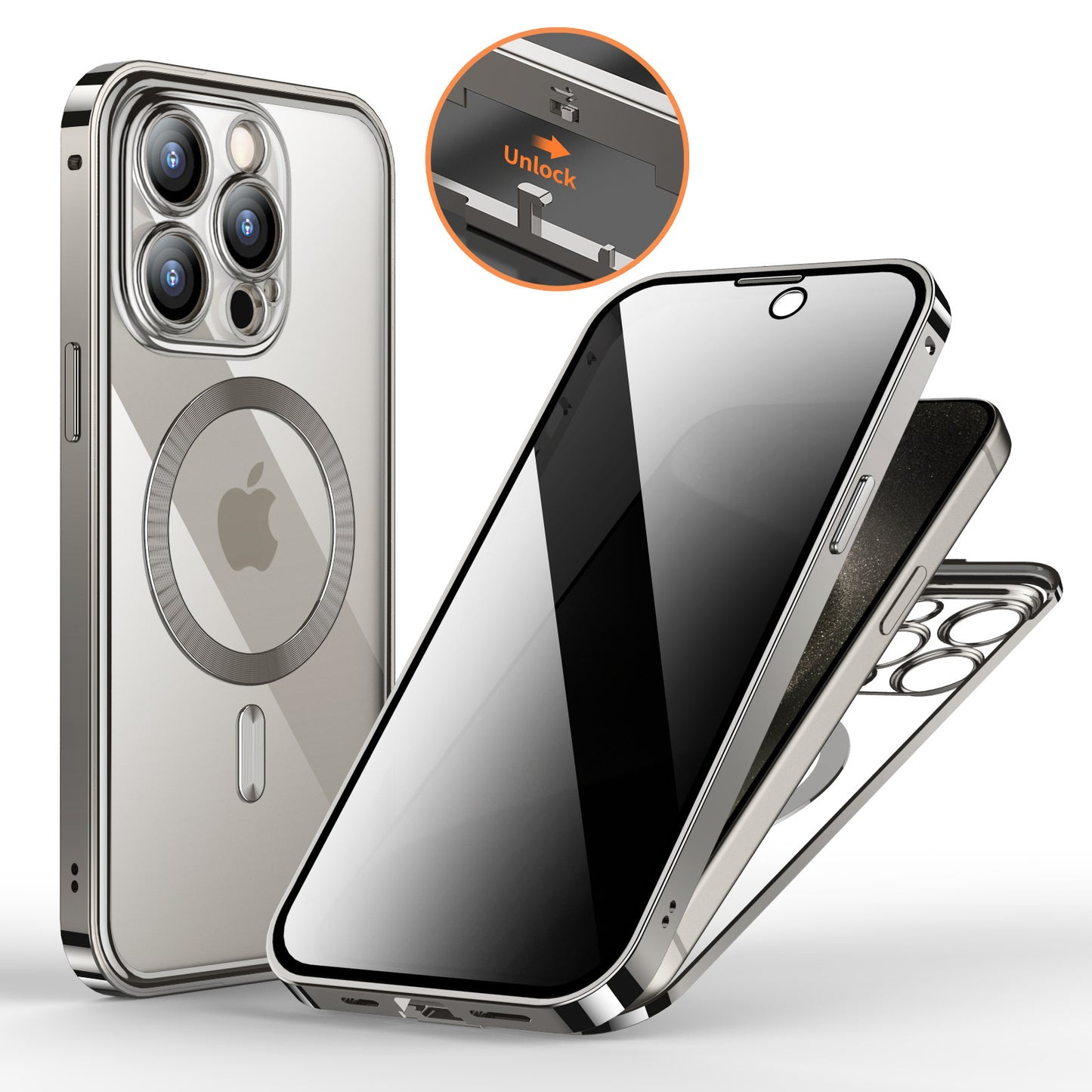 Metal Buckle Magnetic Phone Case with Anti-Spy Screen | Lens Full Cover & Wireless Charging