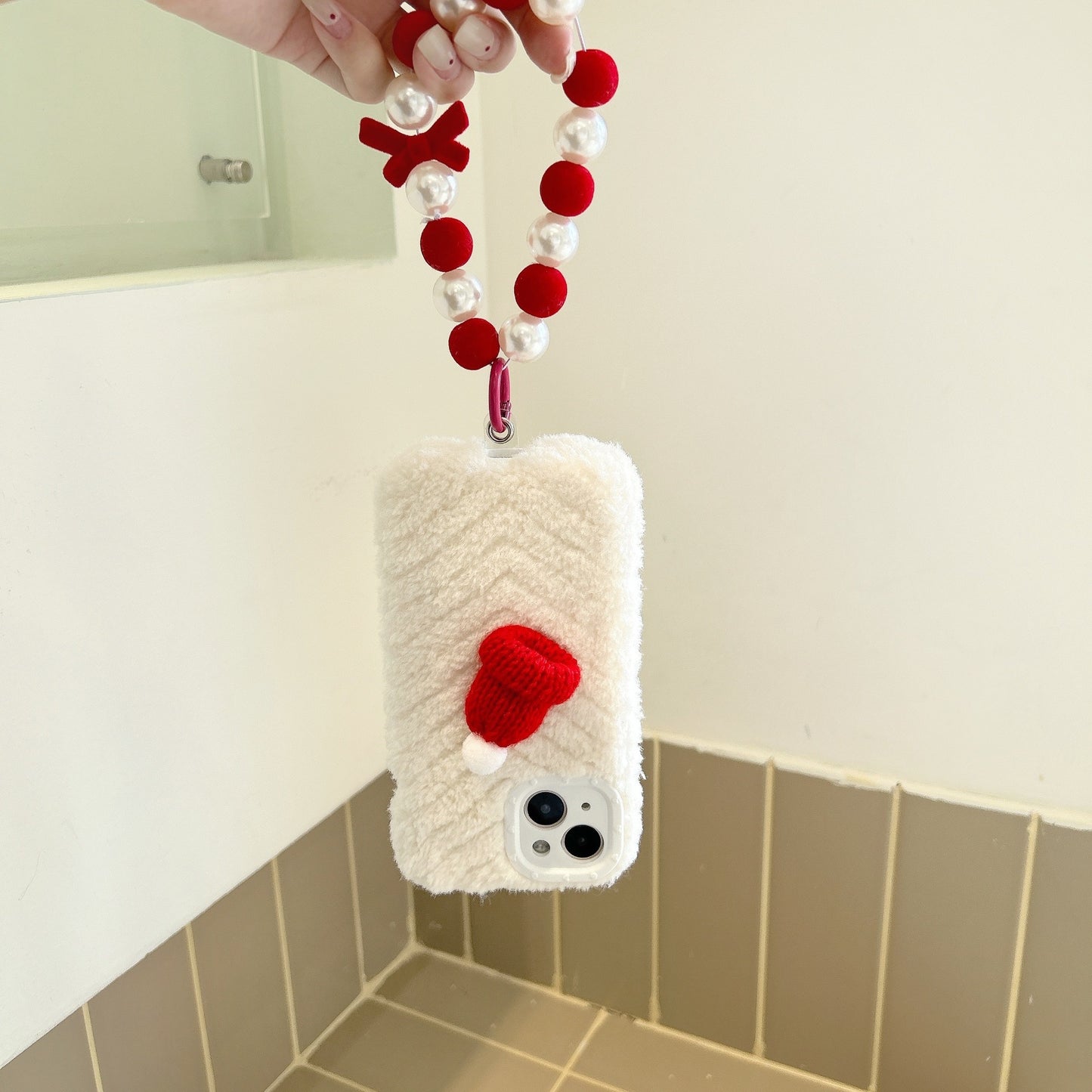 Red Christmas Hat Phone Case with Wrist Bracelet Strap