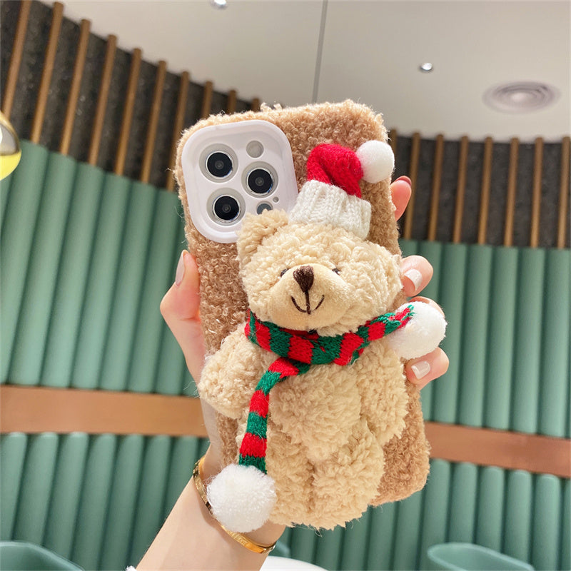 Cute Christmas Bear Plush Phone Case | Soft Fuzzy Winter Protective Cover
