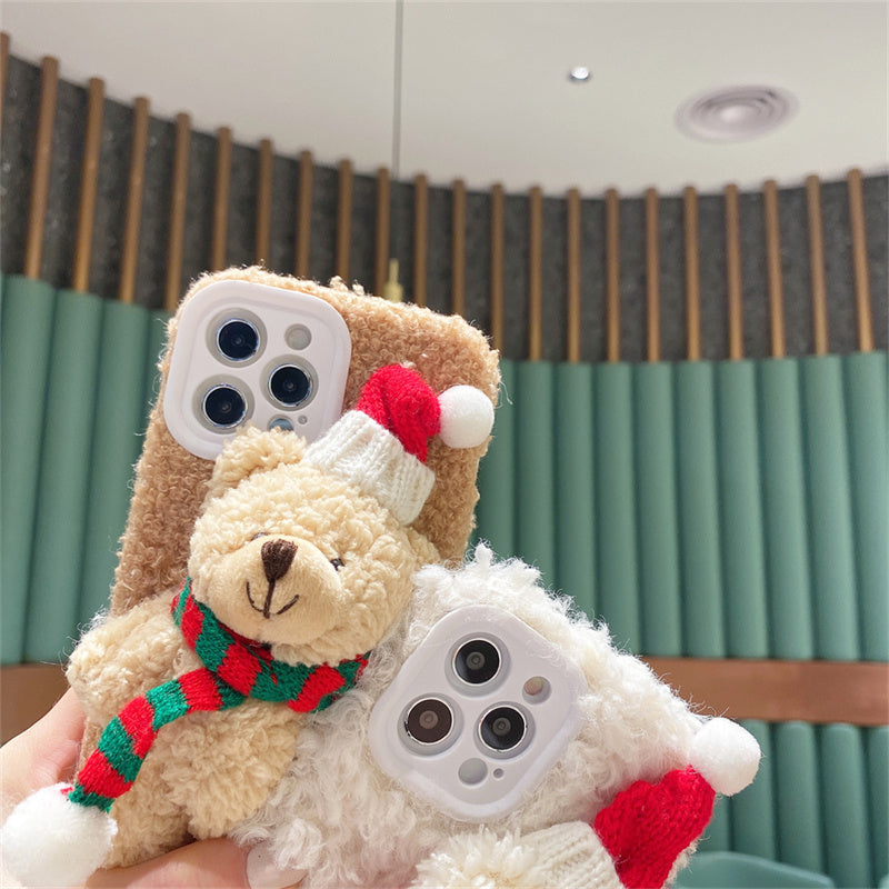 Cute Christmas Bear Plush Phone Case | Soft Fuzzy Winter Protective Cover