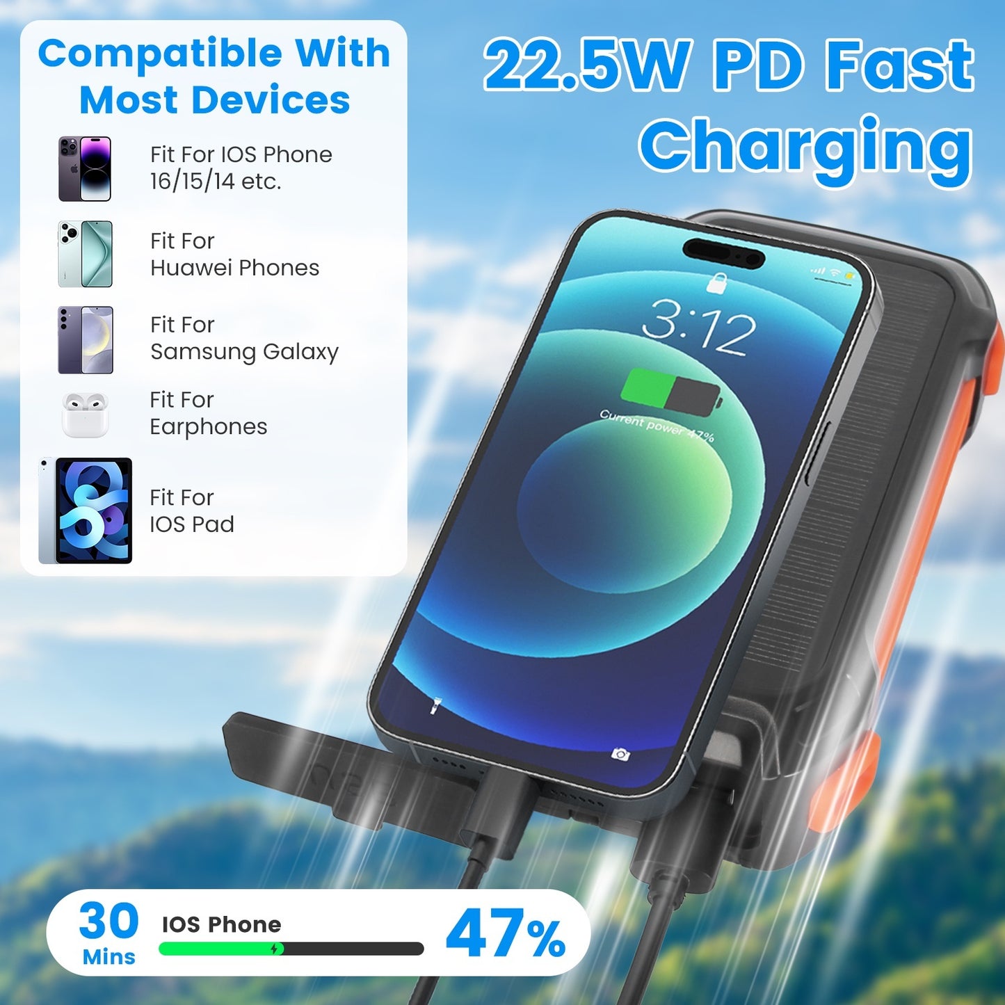 Ultimate Outdoor Power Bank (49800mAh) | Solar, 22.5W PD Fast Charge, Built-in Cables & Flashlight