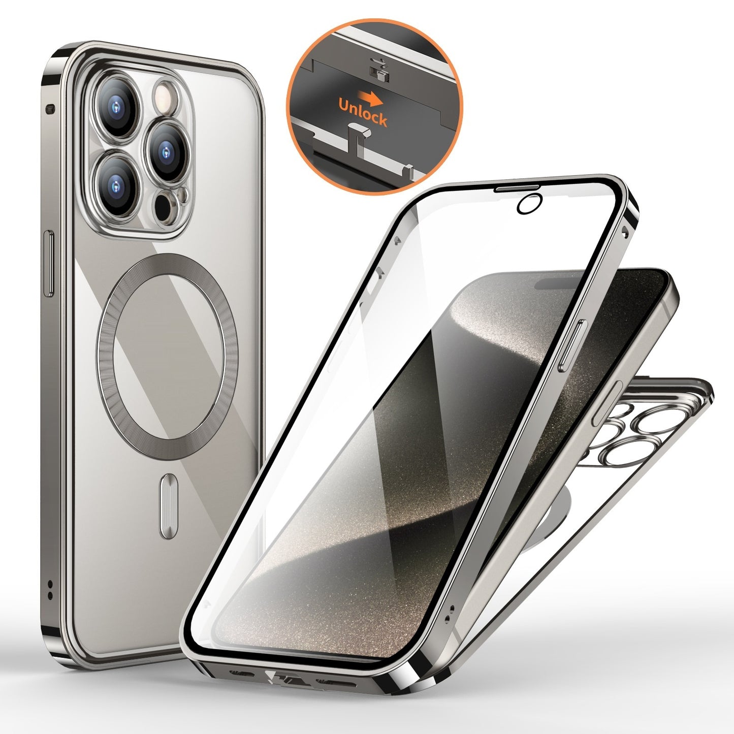 Metal Buckle Magnetic Phone Case with Anti-Spy Screen | Lens Full Cover & Wireless Charging