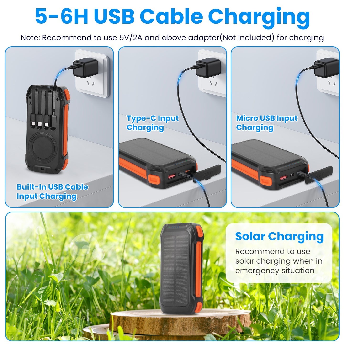 Ultimate Outdoor Power Bank (49800mAh) | Solar, 22.5W PD Fast Charge, Built-in Cables & Flashlight
