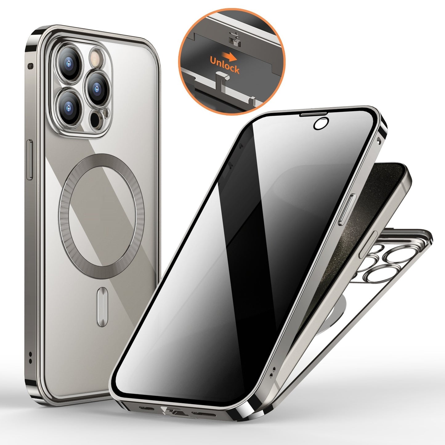 Metal Buckle Magnetic Phone Case with Anti-Spy Screen | Lens Full Cover & Wireless Charging