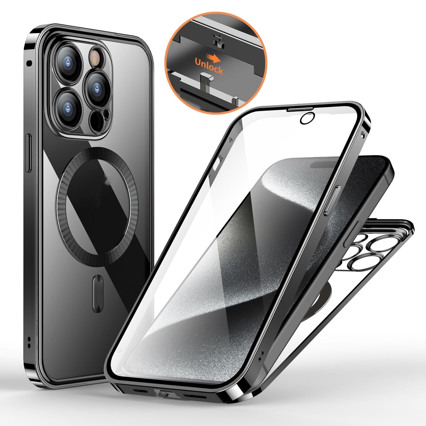 Metal Buckle Magnetic Phone Case with Anti-Spy Screen | Lens Full Cover & Wireless Charging